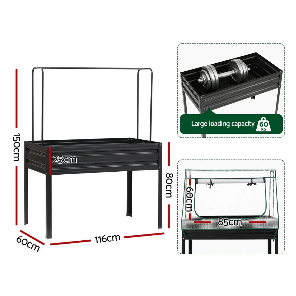 Elevated Metal Garden Bed Kit w Mini Greenhouse Cover 116x60cm Stand-Up Height Trellis - Image 6
