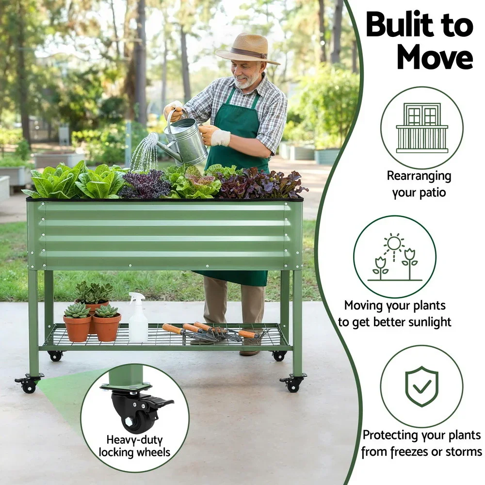 Elevated Raised Garden Bed Kit Mobile w/ Locking Wheels & Storage Shelf 100KG Max Load 115x60x81cm | Galvanized Steel, Portable Green Organizer for Seniors, Patio, Balcony, Vegetables - Image 2