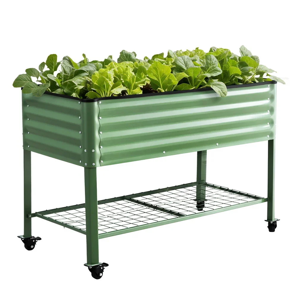 Elevated Raised Garden Bed Kit Mobile w/ Locking Wheels & Storage Shelf 100KG Max Load 115x60x81cm | Galvanized Steel, Portable Green Organizer for Seniors, Patio, Balcony, Vegetables - Image 9