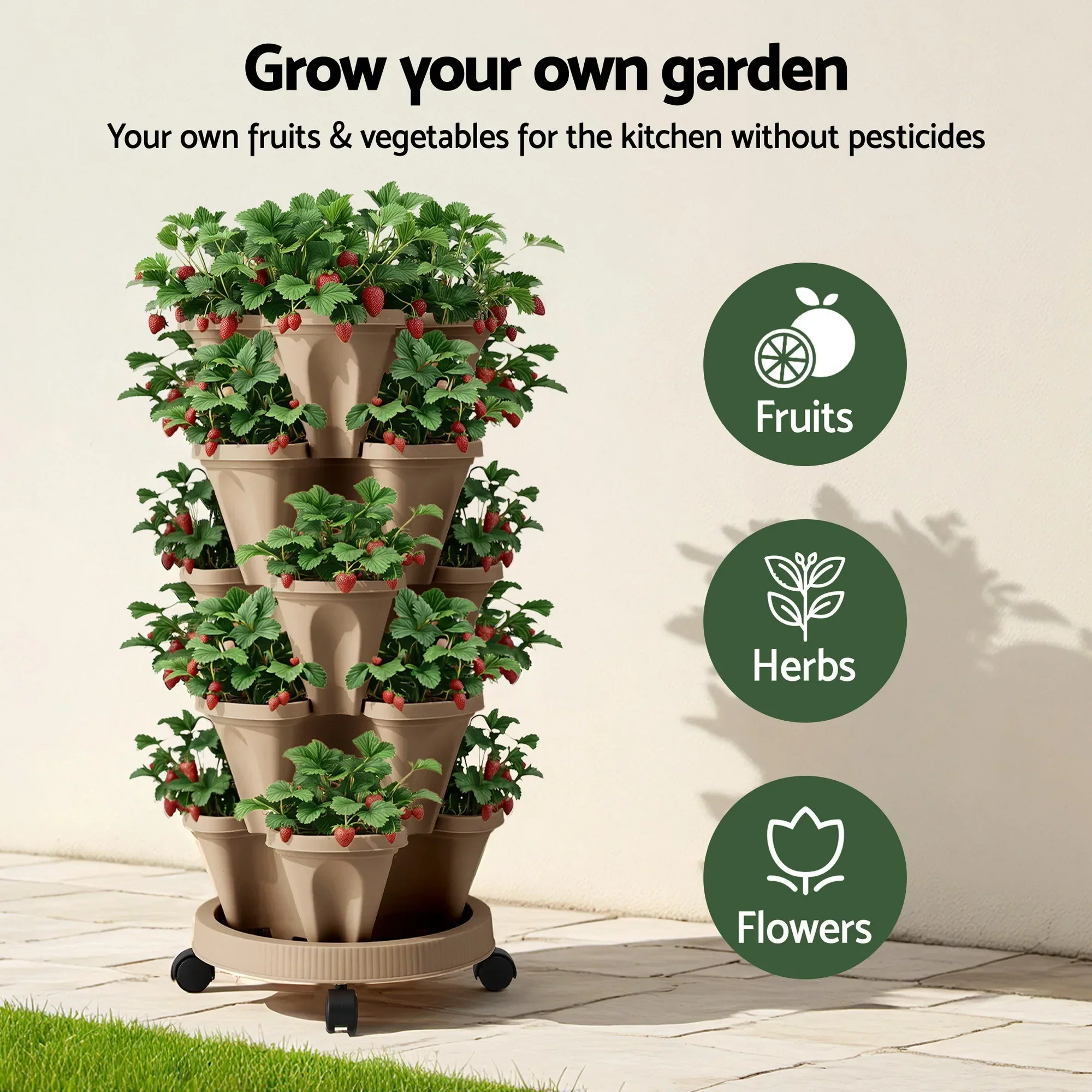 Garden Bed 5 Tier Vertical Garden Grey Strawberry Stackable Planters Herb Petunias Tan - Image 3