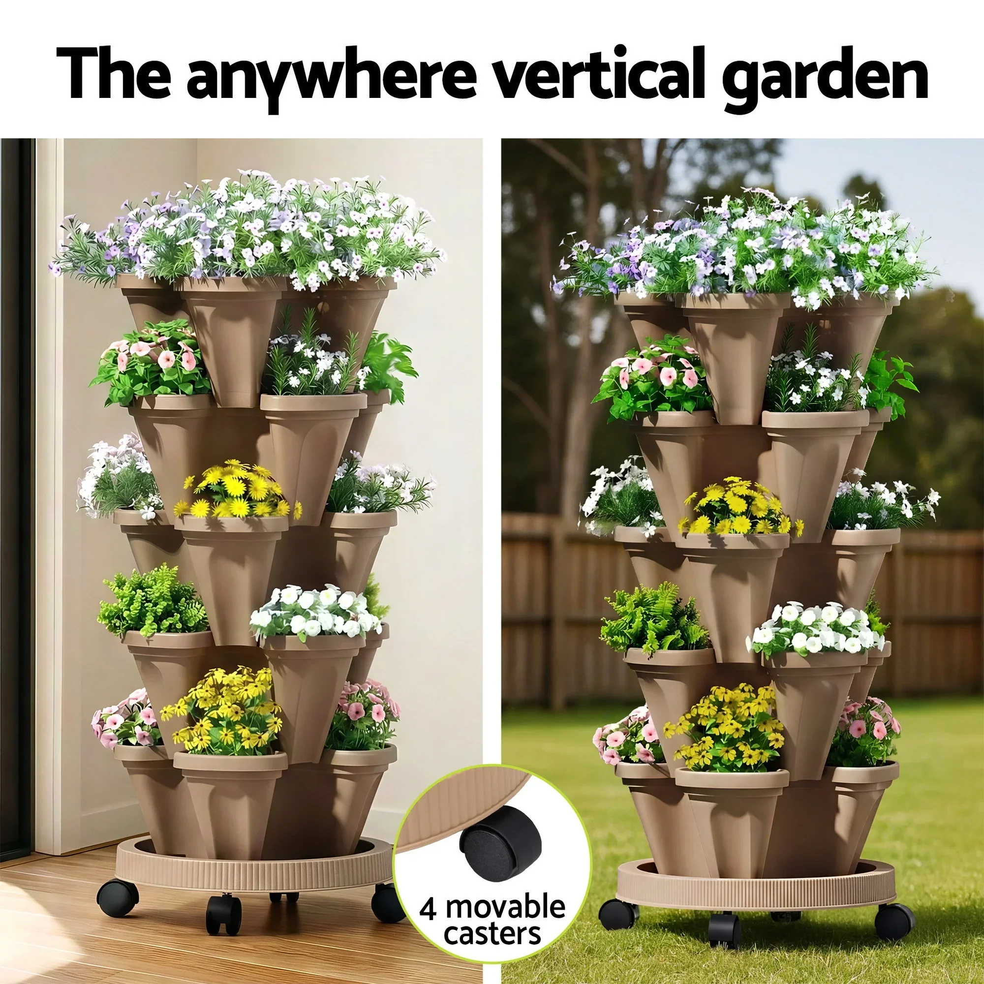 Garden Bed 5 Tier Vertical Garden Grey Strawberry Stackable Planters Herb Petunias Tan - Image 4