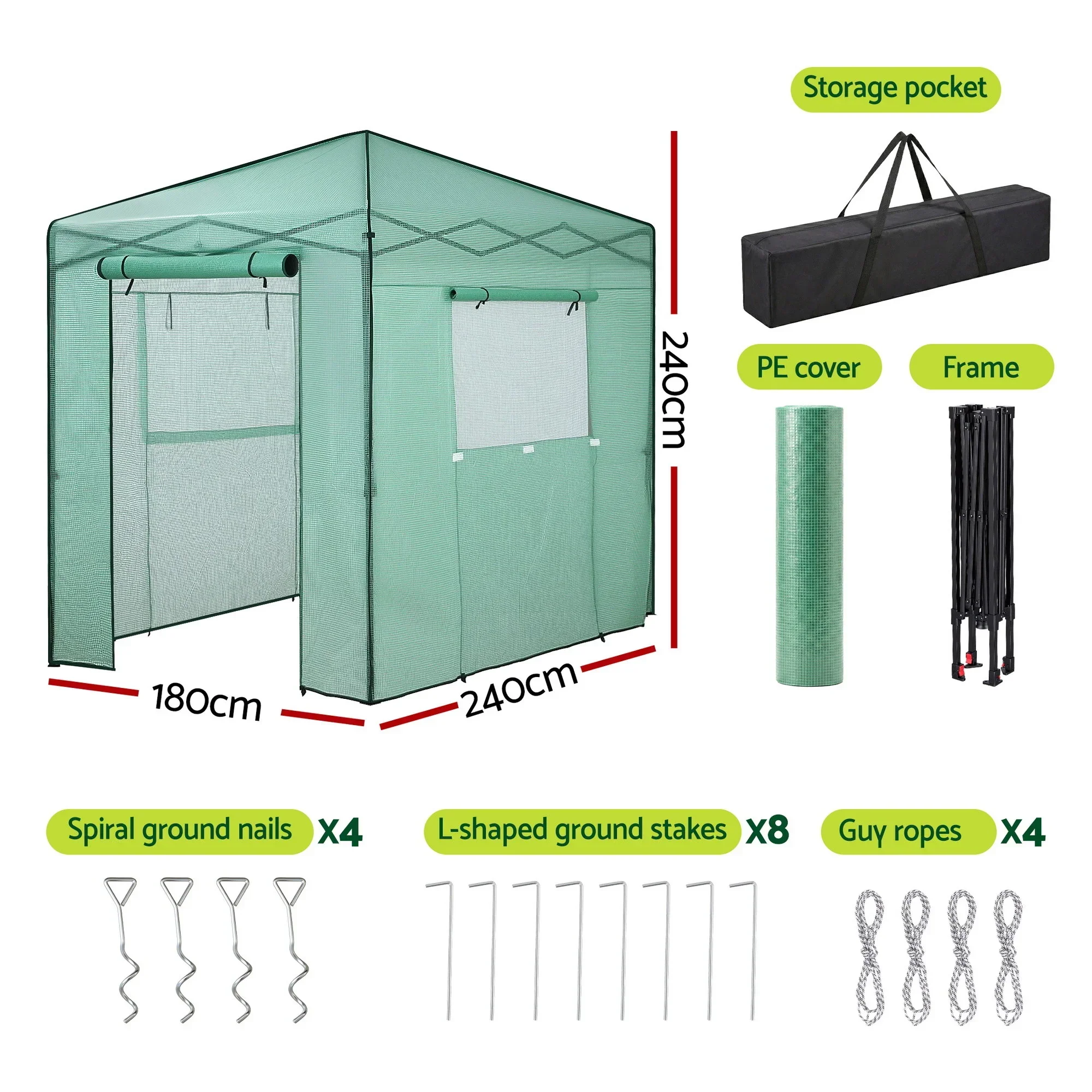 Greenhouse 180x240x240cm Steel Frame PE Cover Outdoor Shelter - Image 2