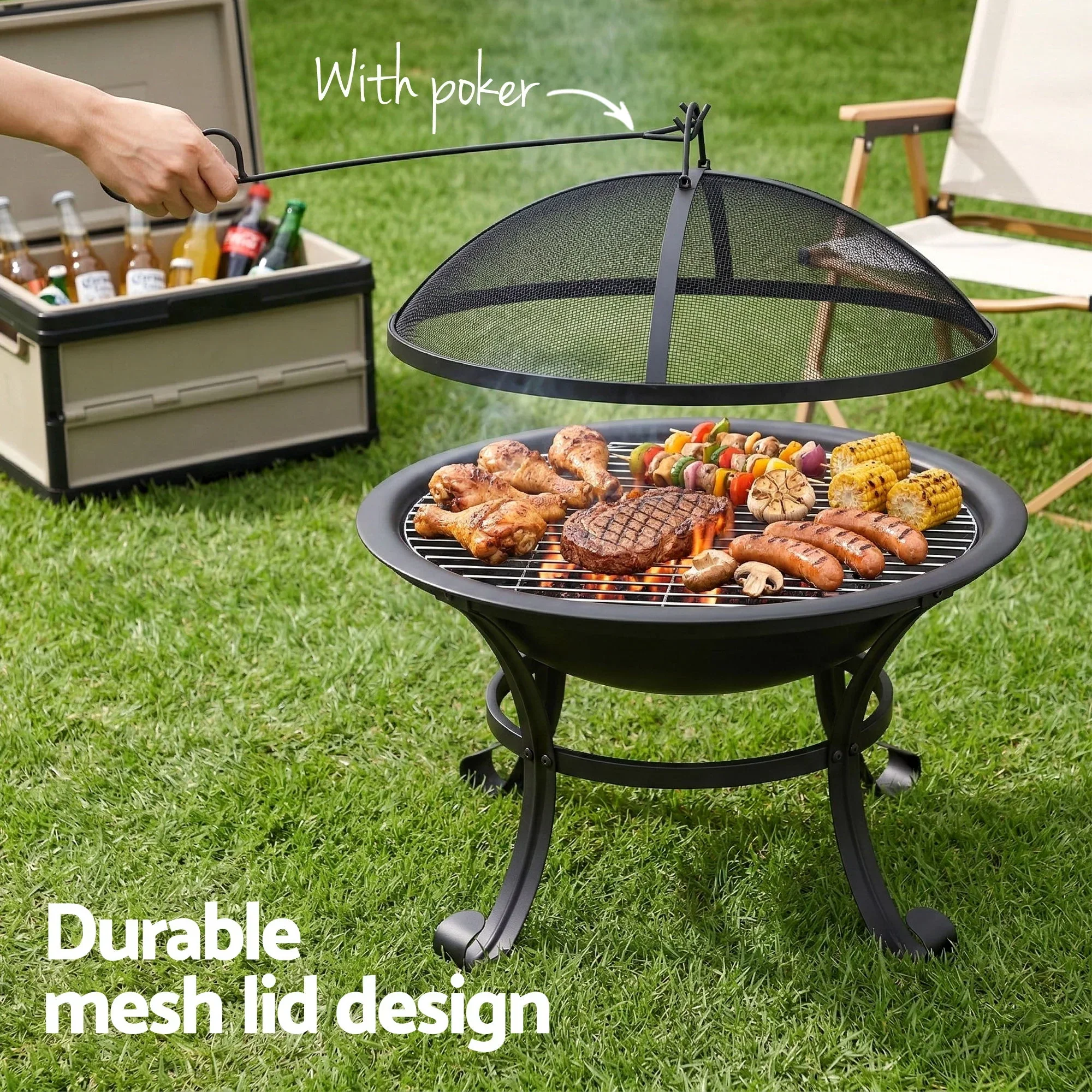 Fire Pit with Mesh Lid and Fire Picker BBQ Grill Wood Burning Outdoor Camping - Image 5