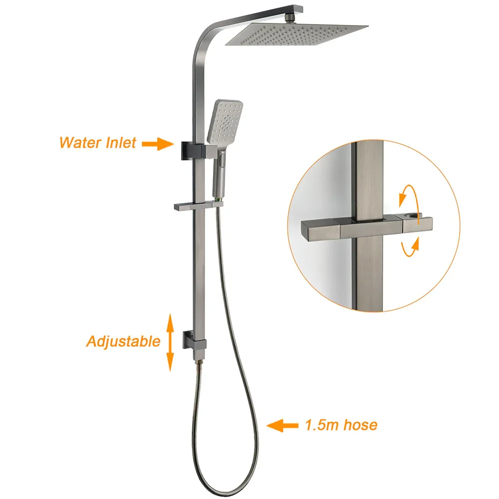 Gun Metal Double Square Shower Head Set 10" Rain Handheld Sliding Rail Diverter - Image 2
