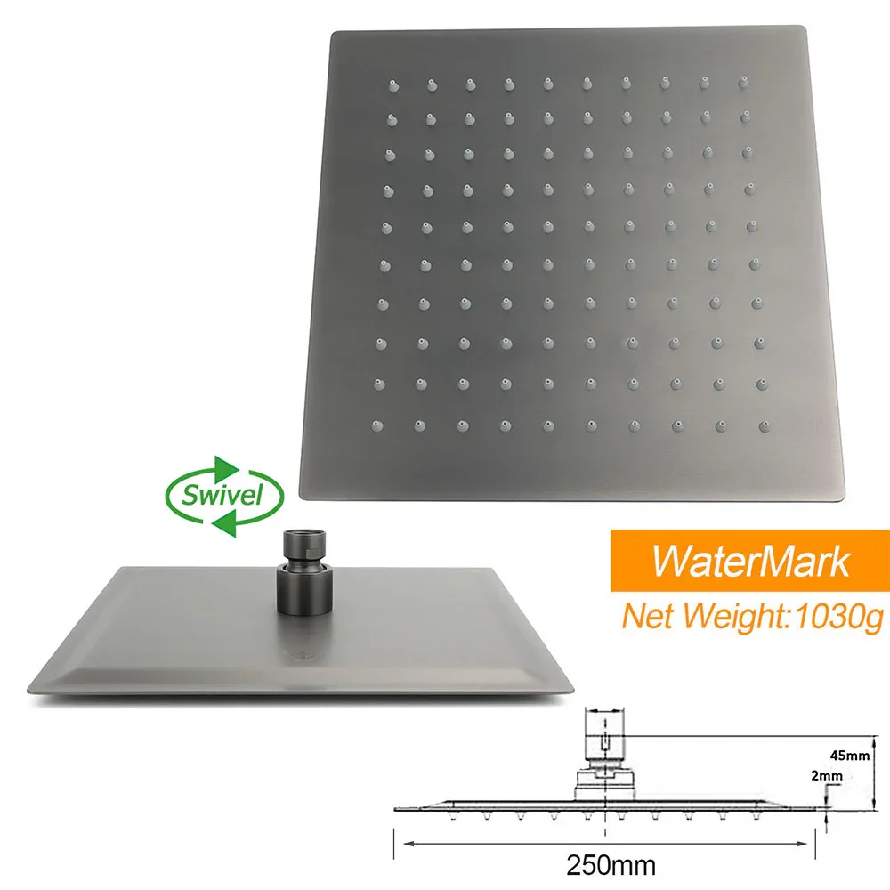Gun Metal Double Square Shower Head Set 10" Rain Handheld Sliding Rail Diverter - Image 6