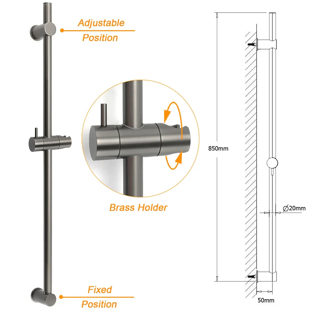 Gun Metal Grey Brass 850mm Long Sliding Rail Bar Swivel Handheld Shower Holder Bracket - Image 2