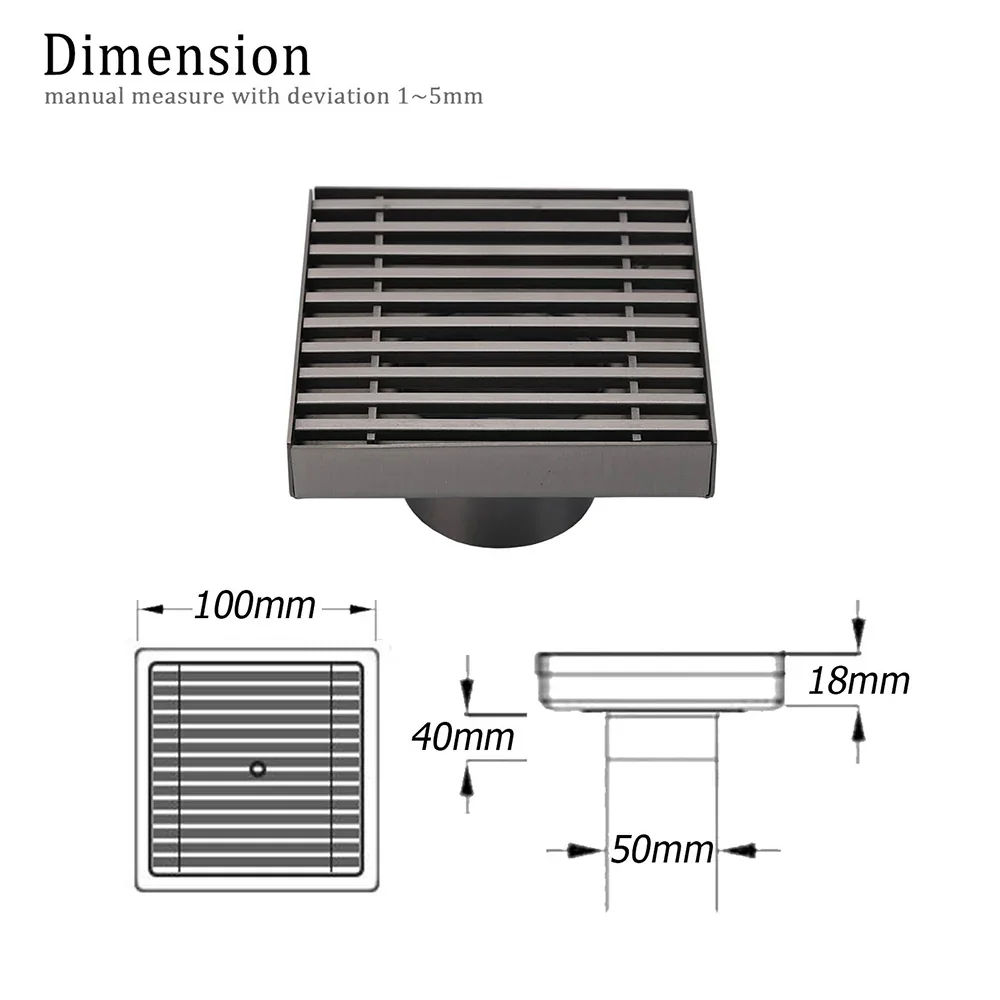 Gun Metal SUS 100mm Square Strip Fence Floor Drain Small Shower Grate 50mm Waste - Image 2
