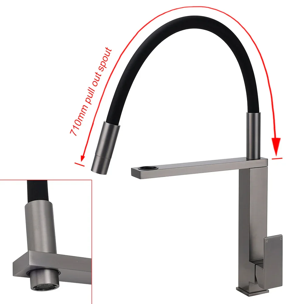 Gun Metal Tall Kitchen Sink Basin Mixer Swivel Faucet Tap Pull Out Spout Head - Image 3