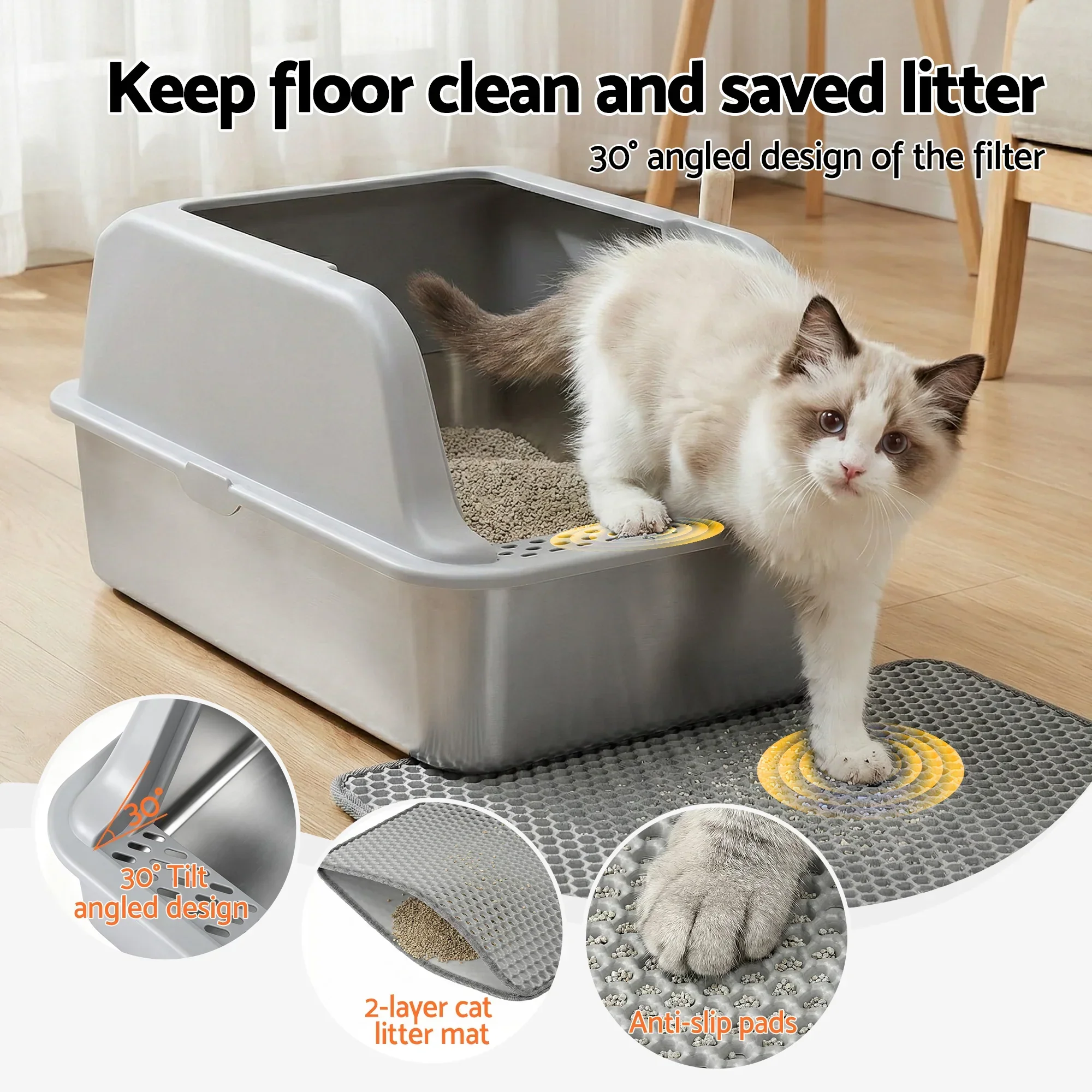 Cat Litter Box Stainless Steel Large Semi-Enclosed Pet Kitty Toilet Grey - Image 3
