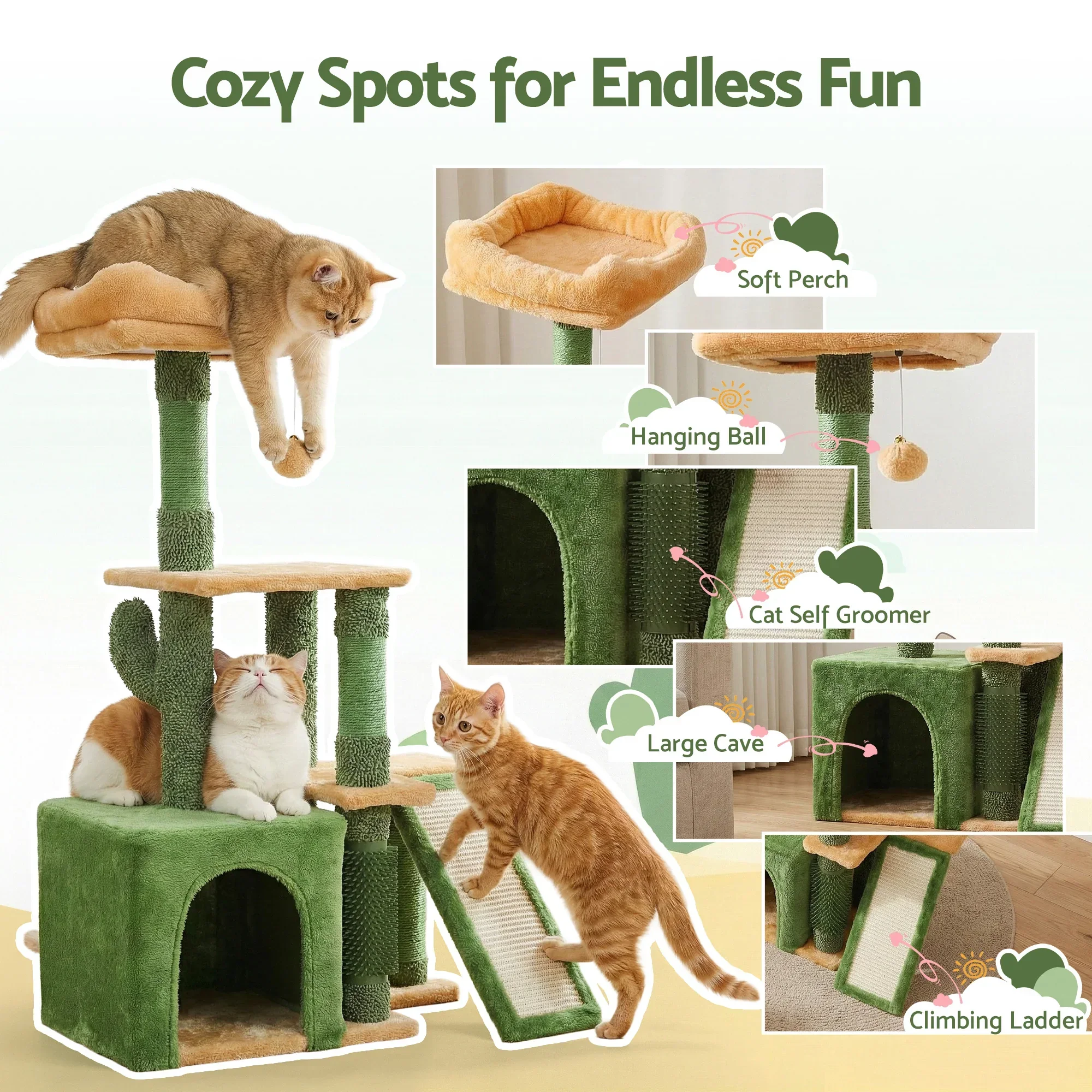 Cat Tree Tower 101cm Scratching Post Furniture Scratcher House Green - Image 3