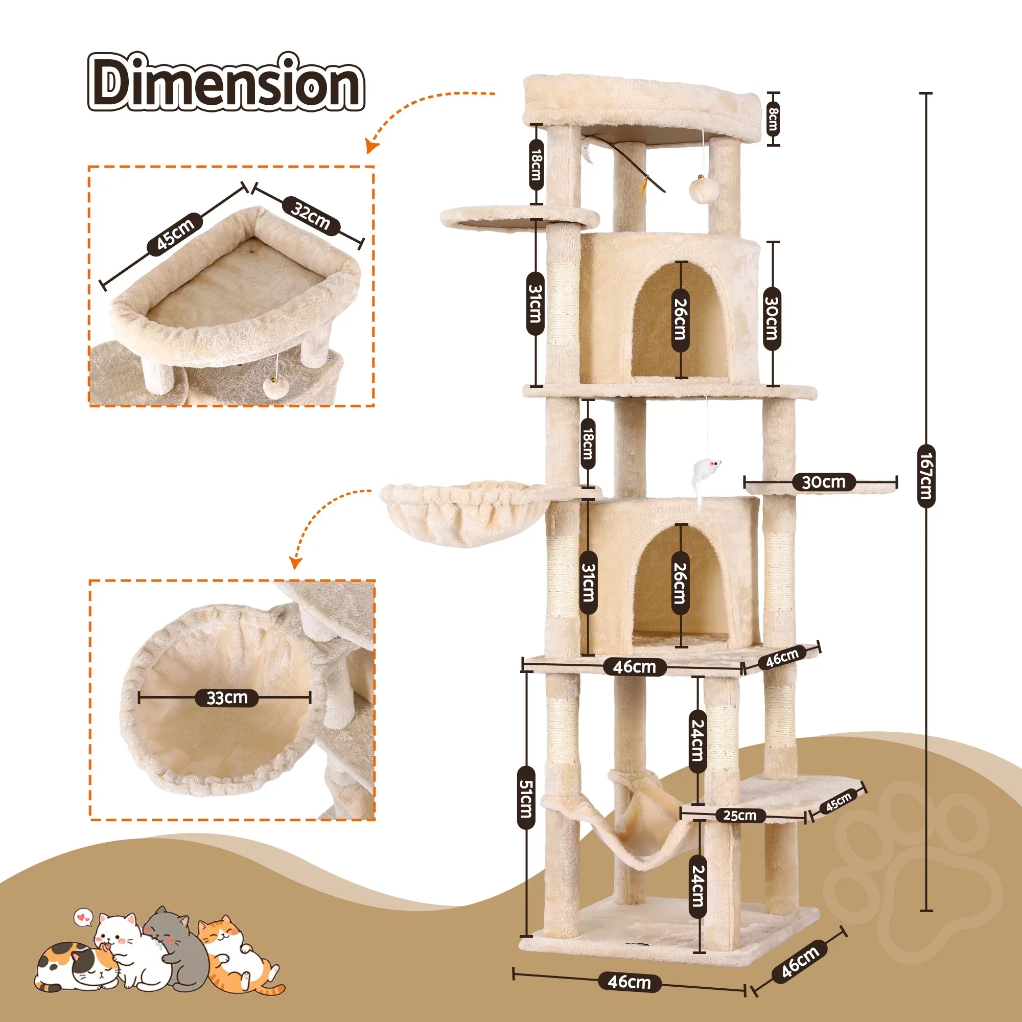 Cat Tree Tower 167cm Large Scratching Post Furniture Scratcher House Beige - Image 7