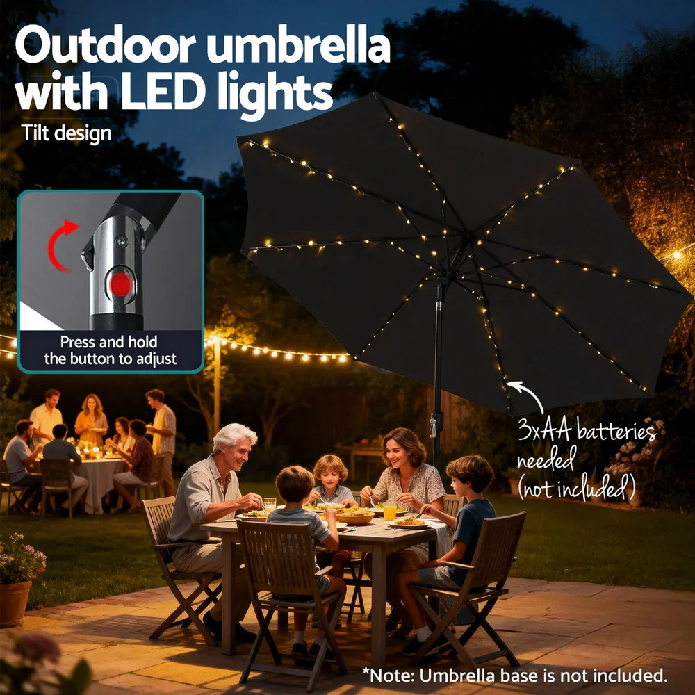 Outdoor Umbrella 2.9m Market Umbrella with String Light Tilt Black - Image 3