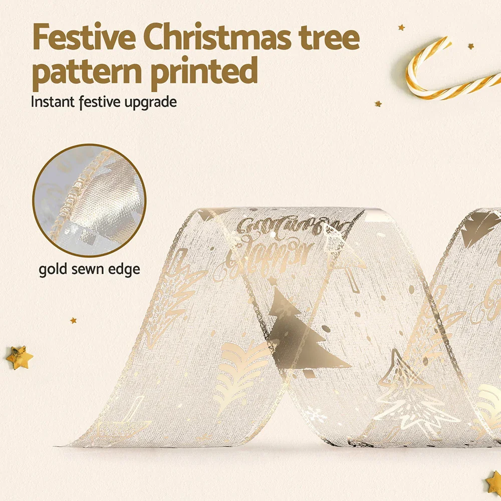 20M Christmas Ribbon Roll Bow Printed Xmas Tree Decor Gift Gold - Image 2