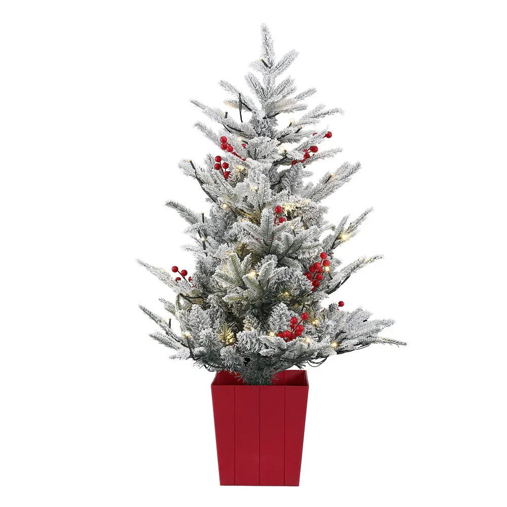 Christmas Tree 1M LED Potted Xmas Party Decor Red Barries Flocked - Image 6