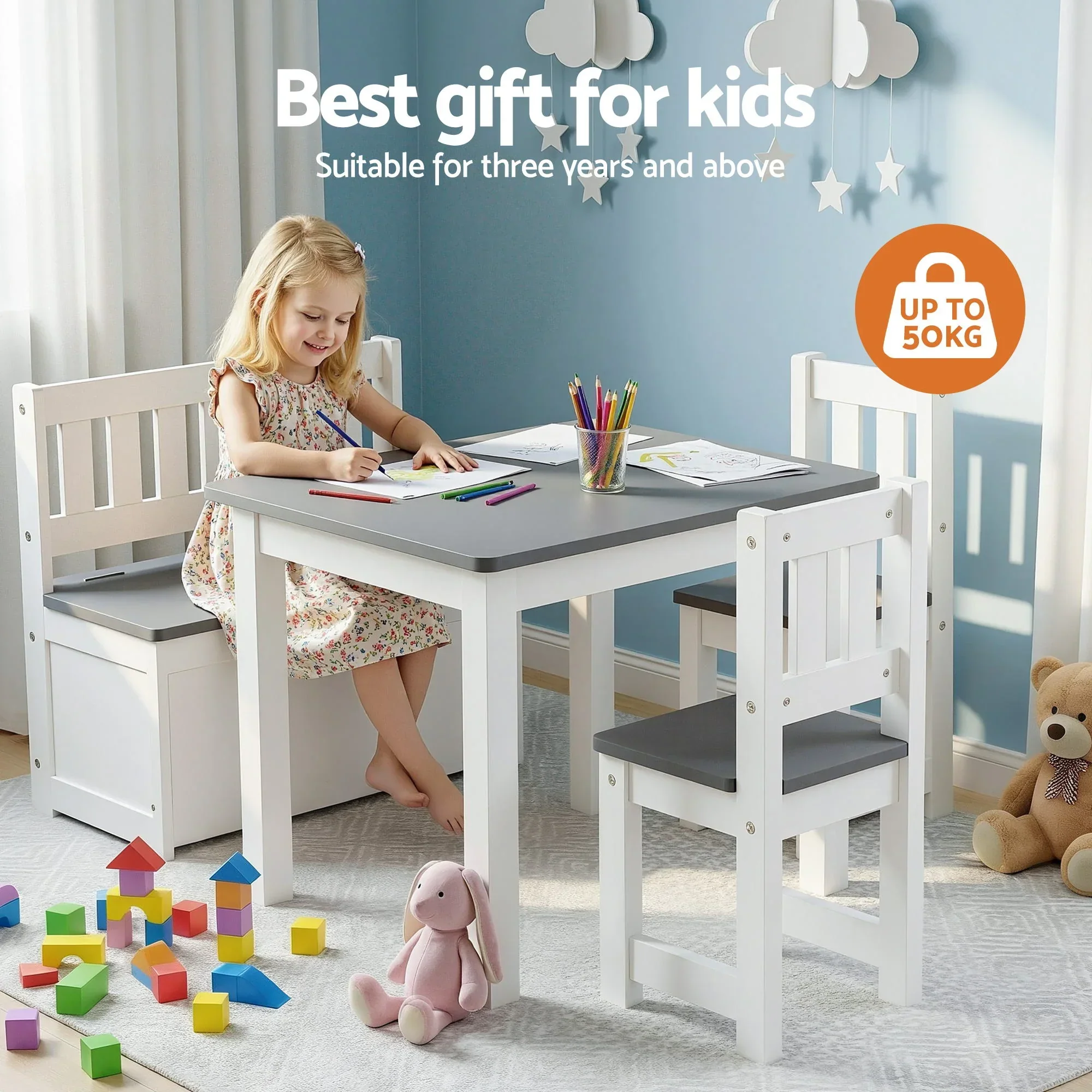 2 in 1 Kids Table and Chair Set, Activity Table with Storage Bench and 2 Chairs for Reading, Drawing, Writing, Snack Time & Arts Crafts, 4 PCS Toddler Table and Chair Set, Grey - Image 3
