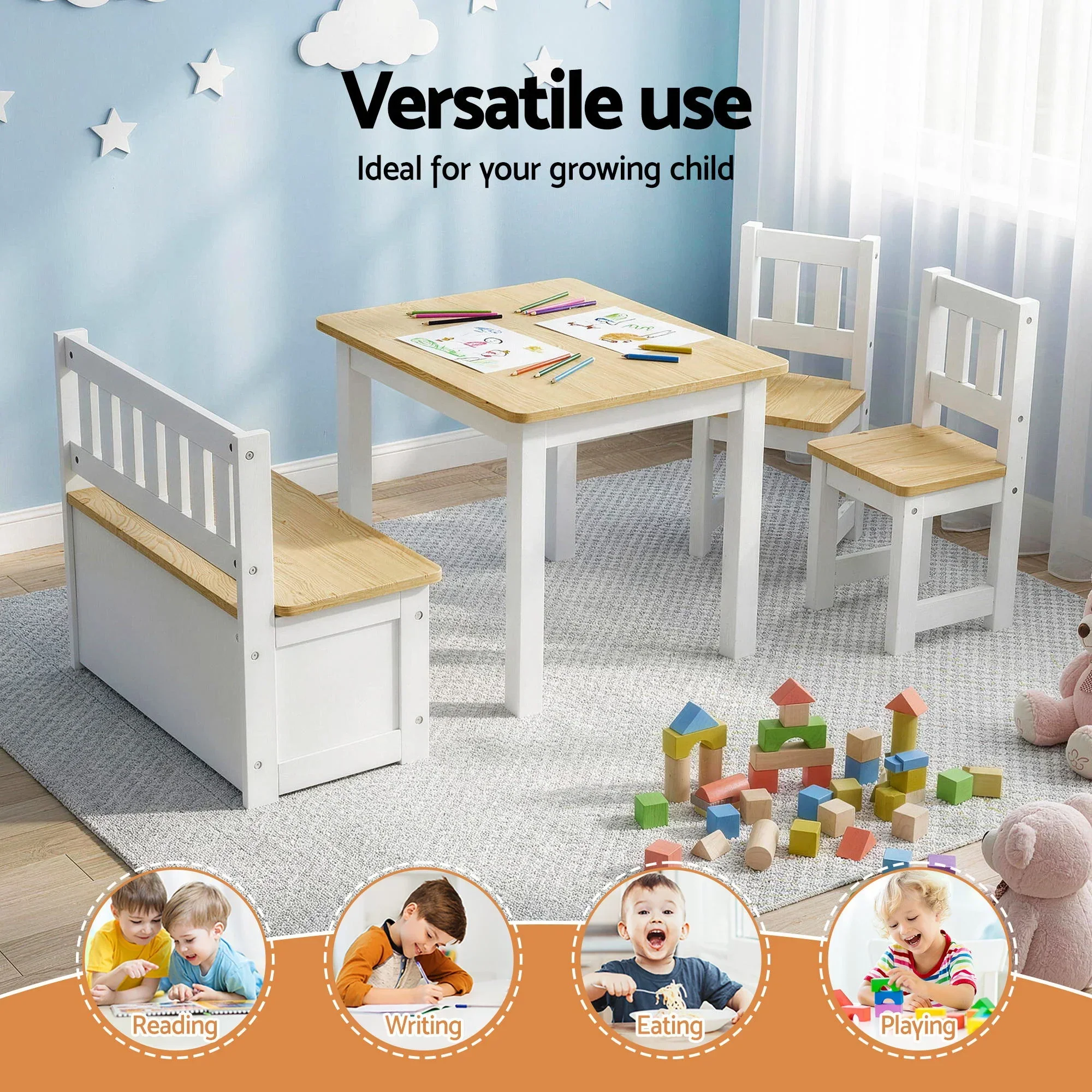 2 in 1 Kids Table and Chair Set, Activity Table with Storage Bench and 2 Chairs for Reading, Drawing, Writing, Snack Time & Arts Crafts, 4 PCS Toddler Table and Chair Set, Natural - Image 5
