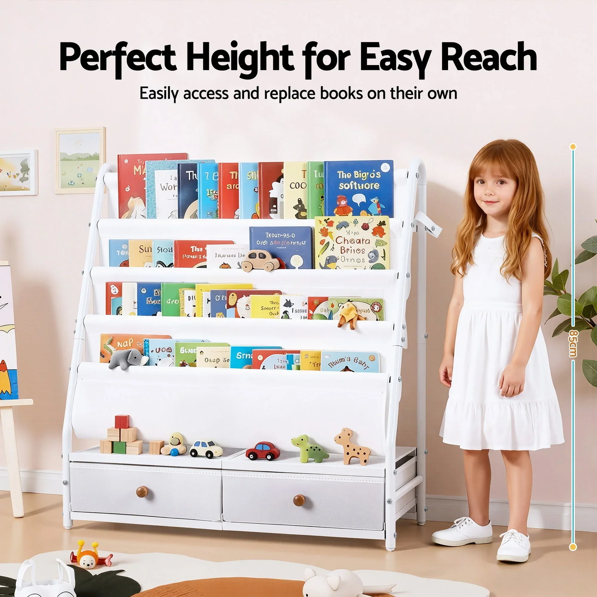 Kids Bookshelf Metal Storage Rack Toy Organiser Display Shelf Drawer White - Image 5