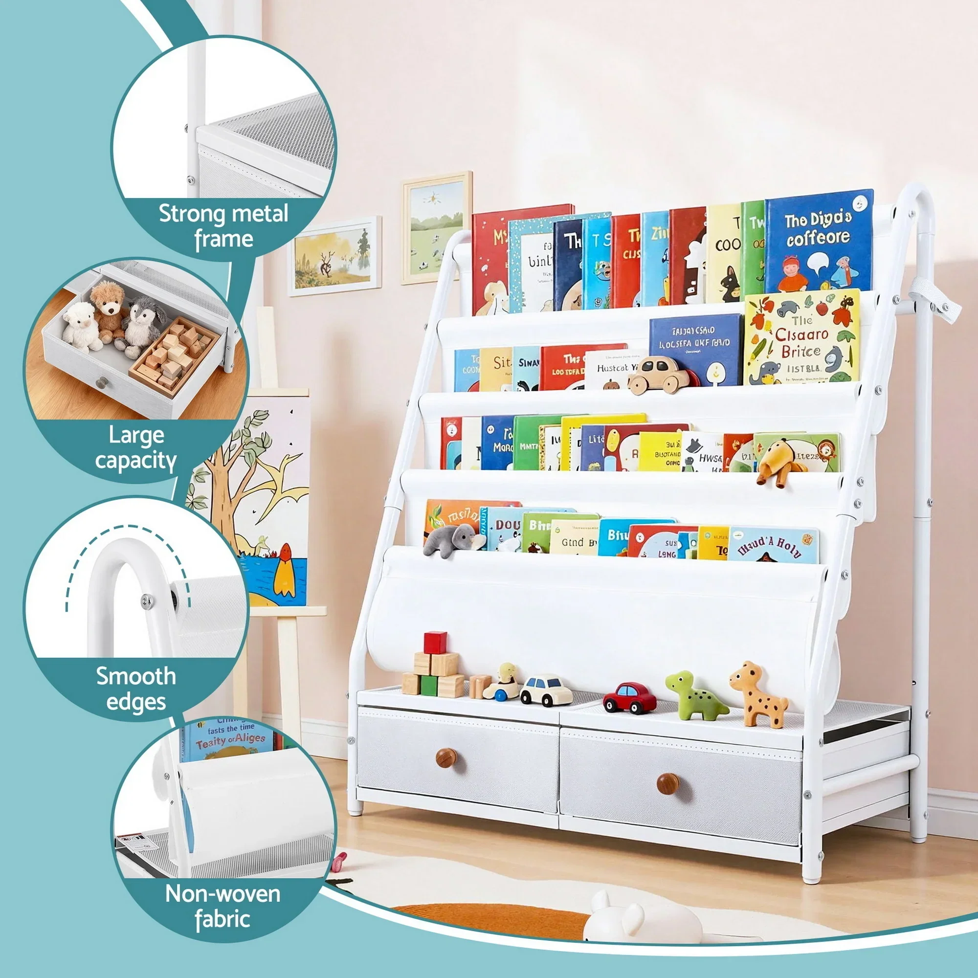 Kids Bookshelf Metal Storage Rack Toy Organiser Display Shelf Drawer White - Image 7