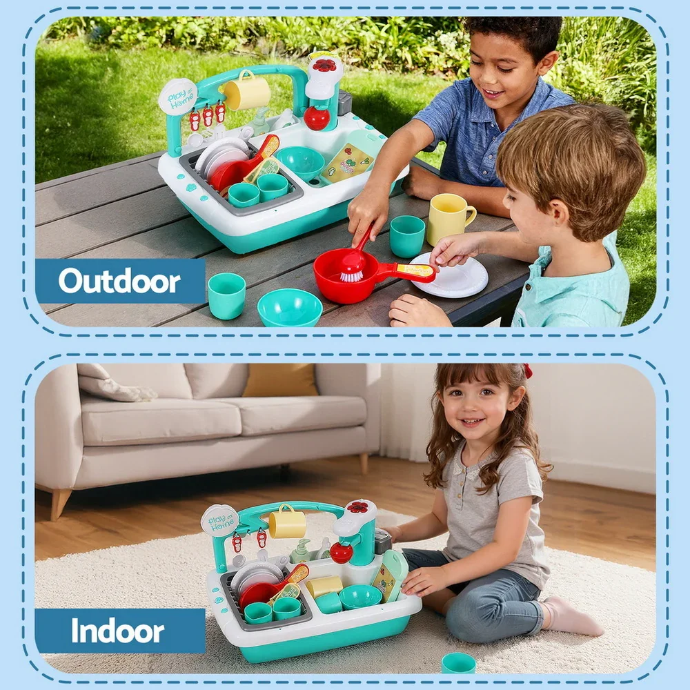 Kids Kitchen Play Set Play Pretend Sink Dishwasher Toys Green - Image 8