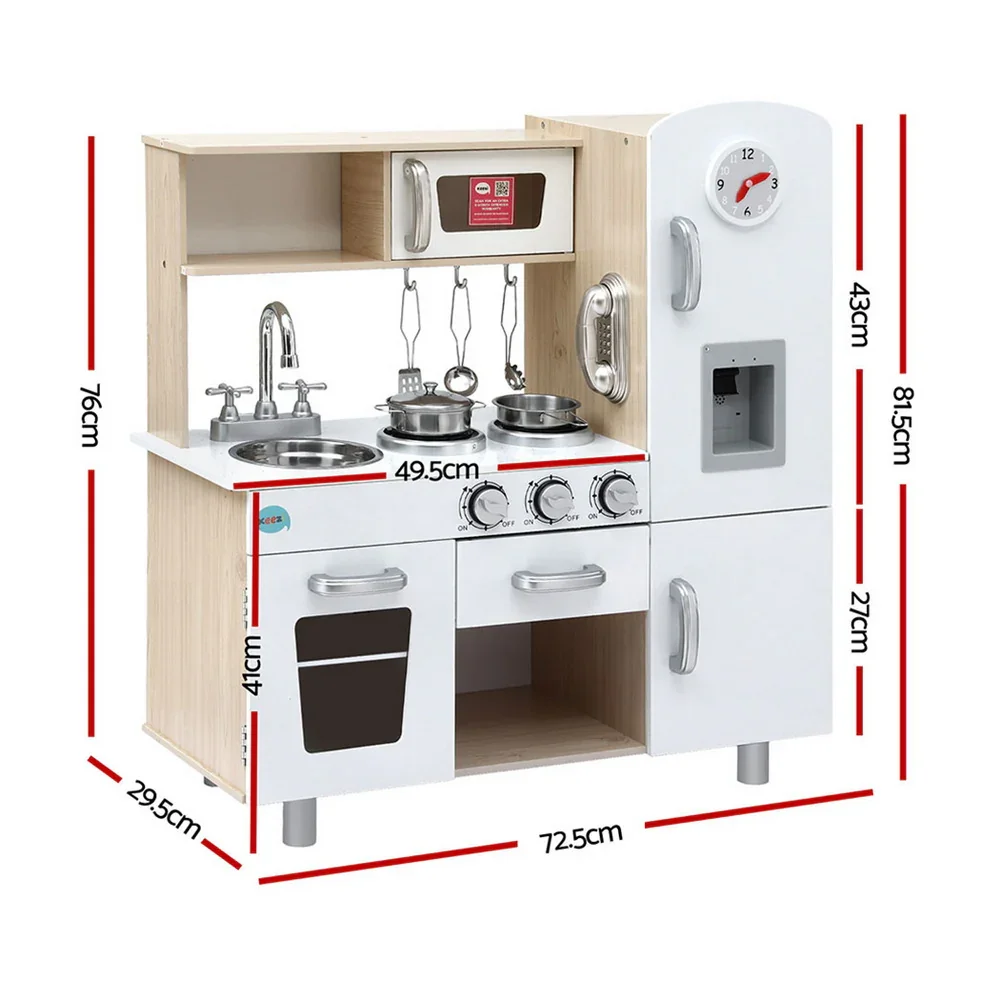 Kids Kitchen Play Set Wooden Pretend Toys Cooking Children Clock Beige - Image 3