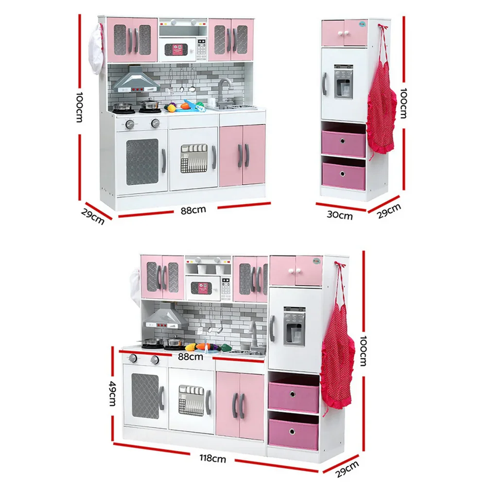 Kids Kitchen Playset 2-Piece Wooden Pretend Play Coffee Maker Toy 100CM Pink - Image 6