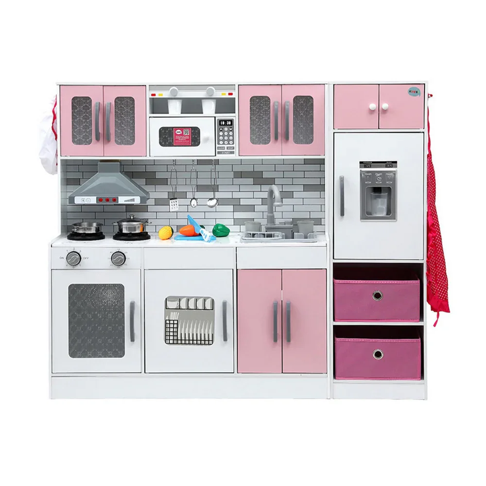 Kids Kitchen Playset 2-Piece Wooden Pretend Play Coffee Maker Toy 100CM Pink - Image 8