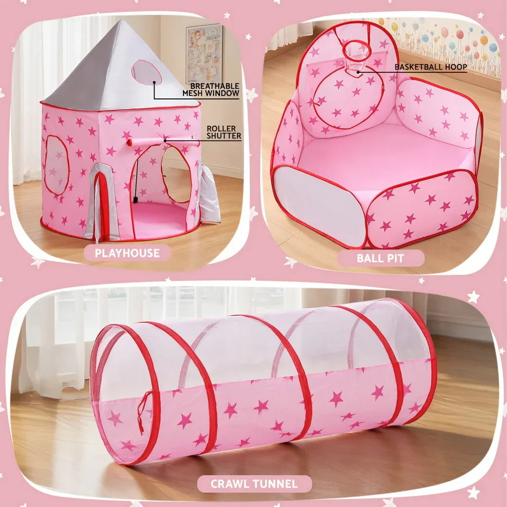 Kids Playhouse Play Tent Pop Up Castle Crawl Tunnel Basketball Hoop Pink - Image 3