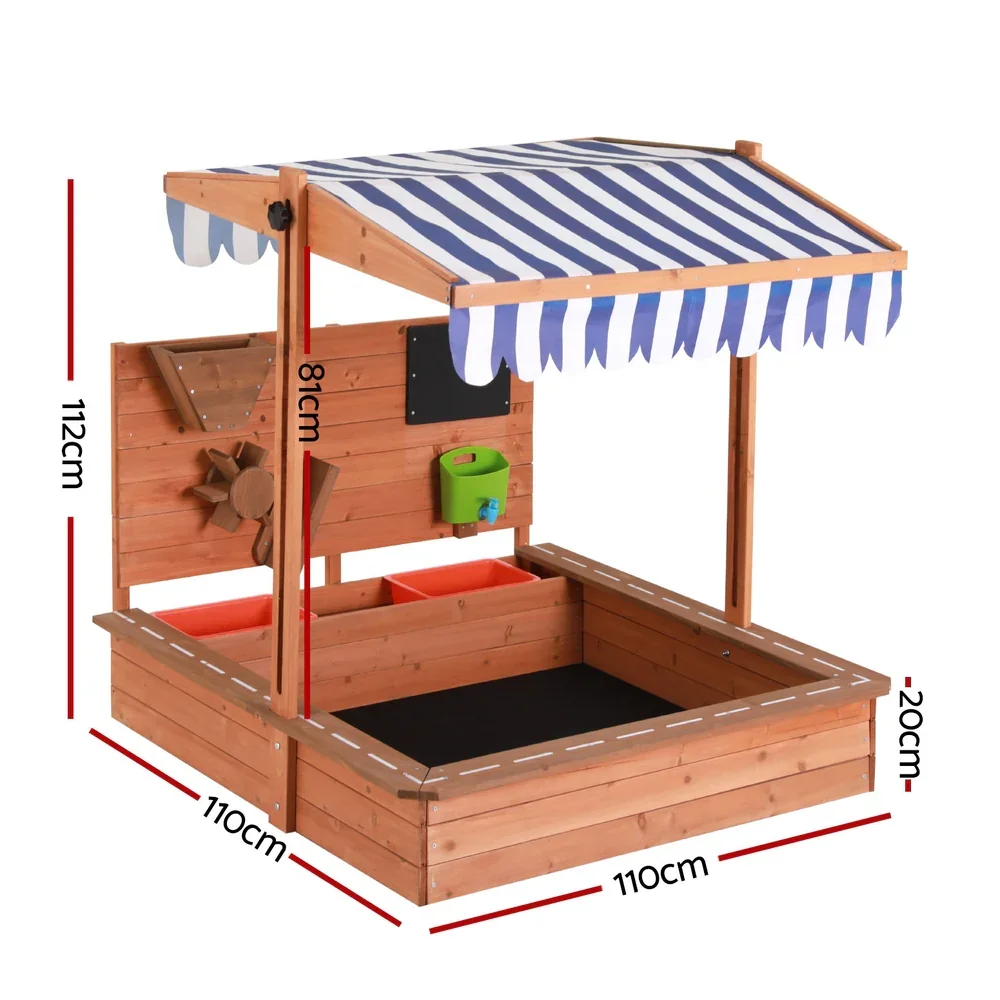 Kids Sandpit Wooden Canopy Sandbox With Cover Funnel Outdoor Toys 110cm - Image 3