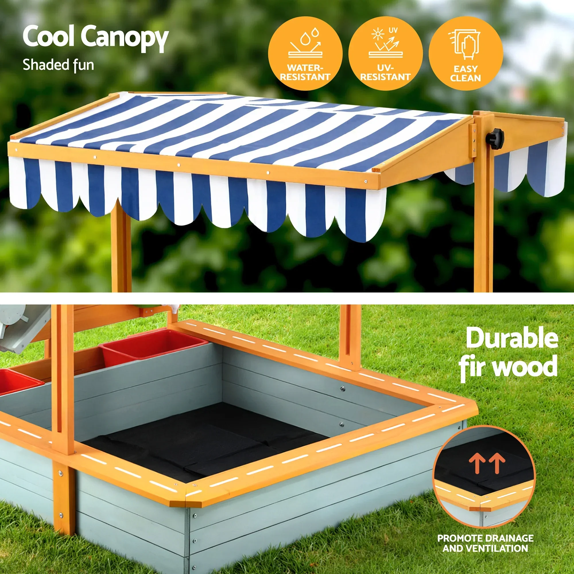 Kids Sandpit Wooden Canopy Sandbox With Cover Funnel Outdoor Toys 110cm Green - Image 6