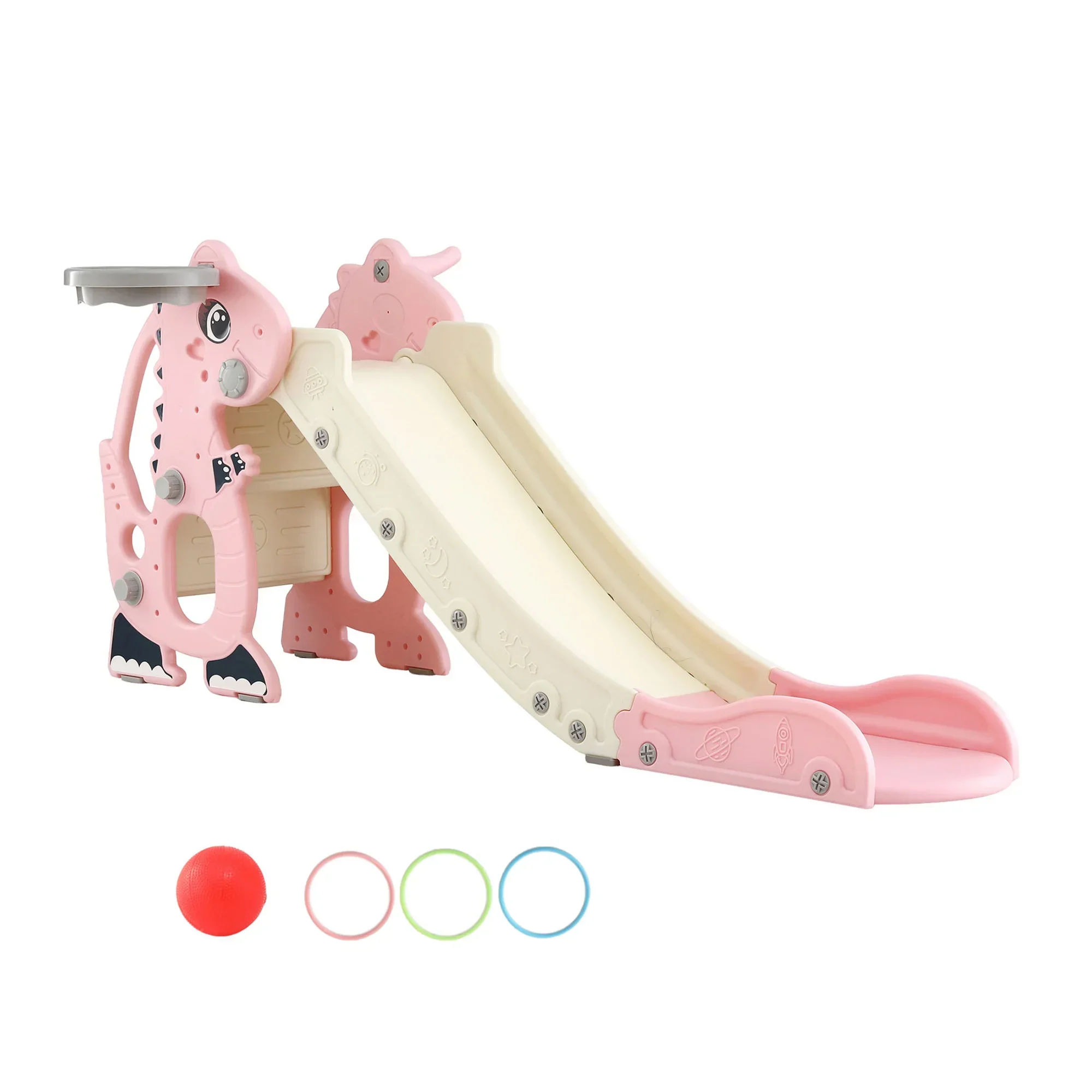 Kids Slide Set Basketball Hoop Outdoor Playground Toy Dragon 125cm Slide Pink - Image 6
