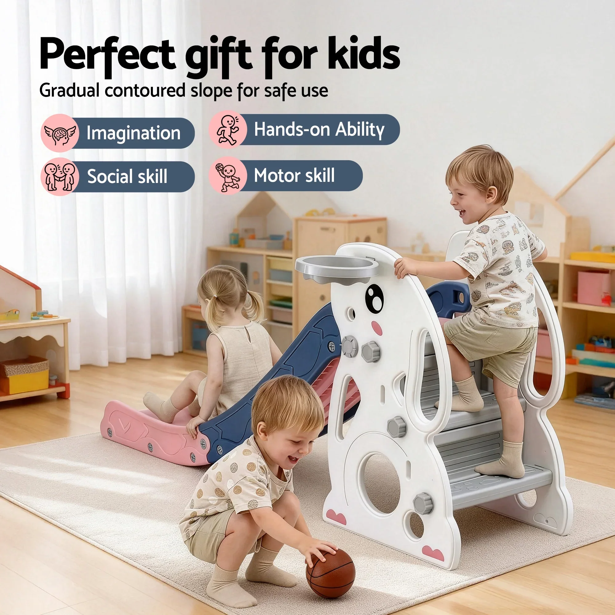 Kids Slide Set Basketball Hoop Ring Outdoor Playground Toy Rabbit 147cm - Image 8