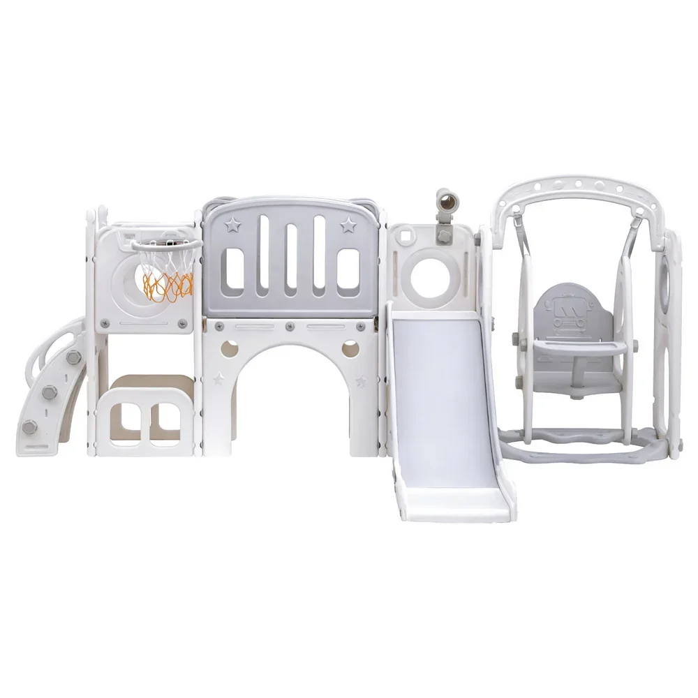 Kids Slide Swing Set Basketball Hoop Ring Football Outdoor Toys 132cm grey - Image 3