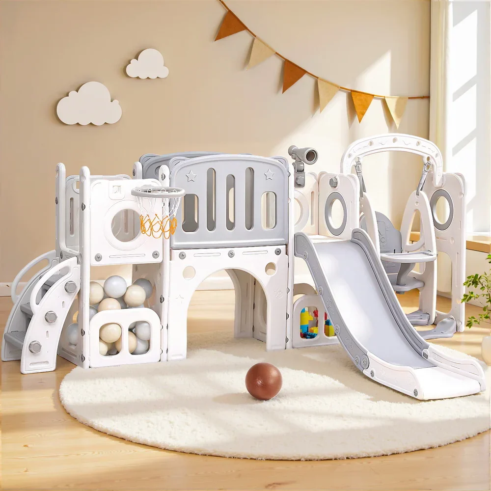 Kids Slide Swing Set Basketball Hoop Ring Football Outdoor Toys 132cm grey - Image 7