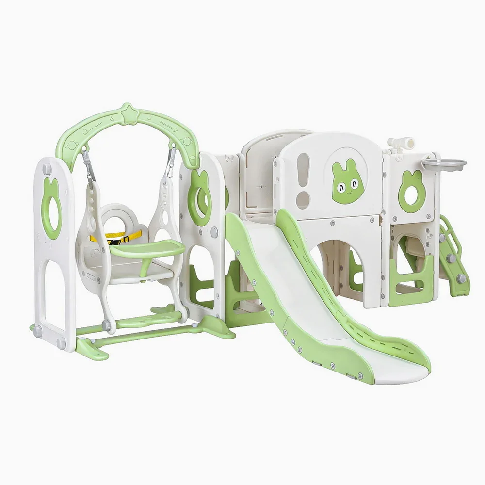 Kids Slide Swing Set Basketball Hoop Ring Football Outdoor Toys 140cm Green - Image 2