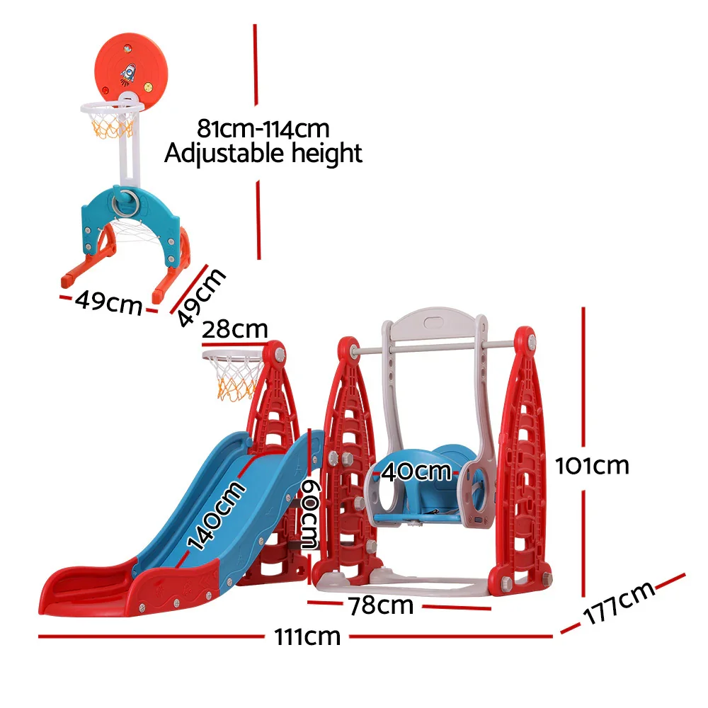 Kids Slide Swing Set Basketball Hoop Rings Football Outdoor Toys 140cm Red - Image 2