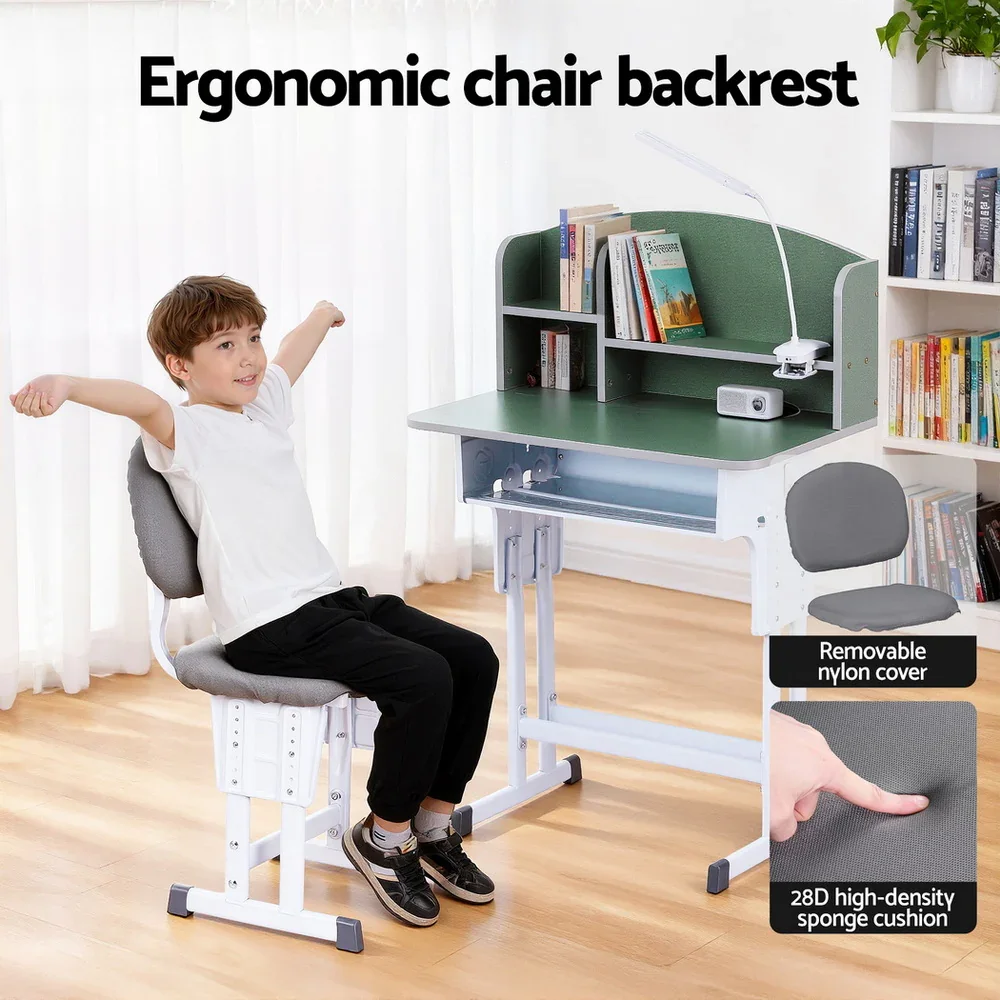 Kids Study Desk Chair Set Adjustable Ergonomic Table LED Lamp Green - Image 6