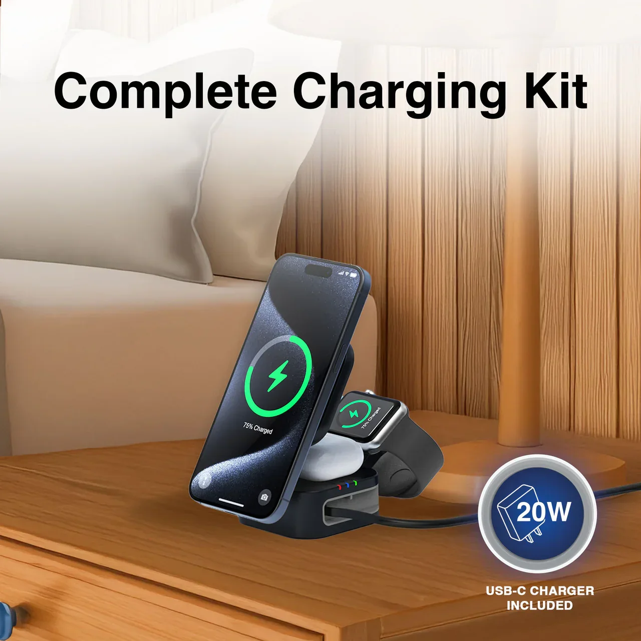 3 in 1 Foldable Wireless Charging Stand Black - Image 2