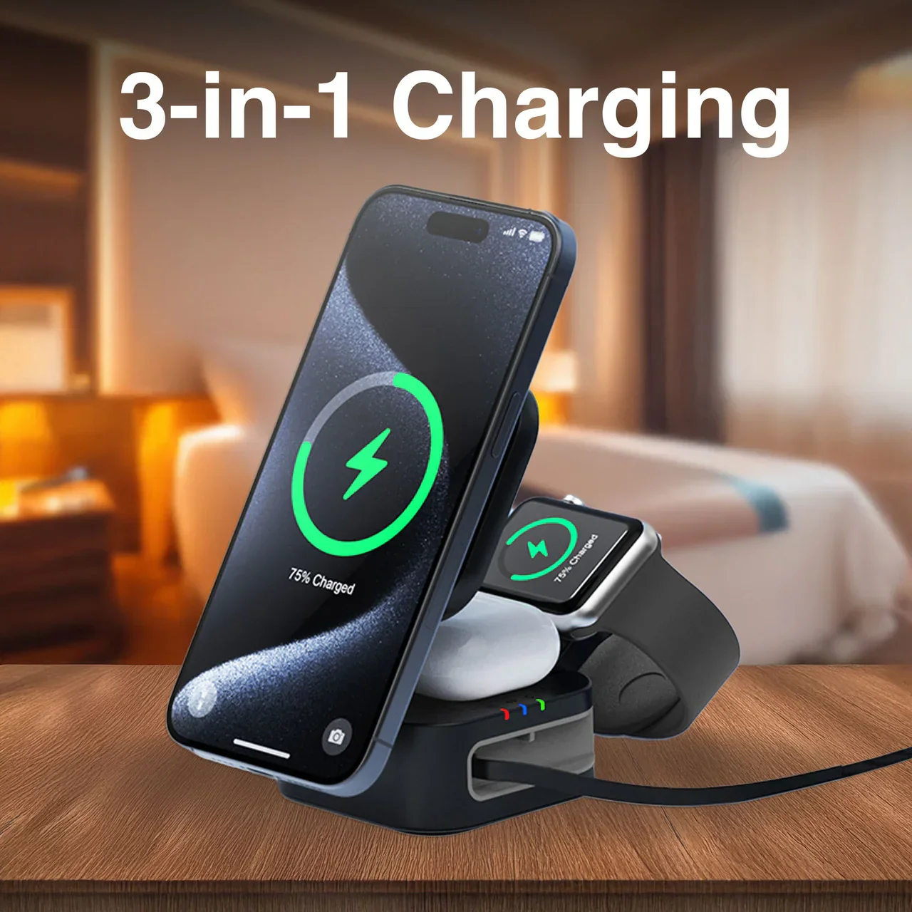 3 in 1 Foldable Wireless Charging Stand Black - Image 3