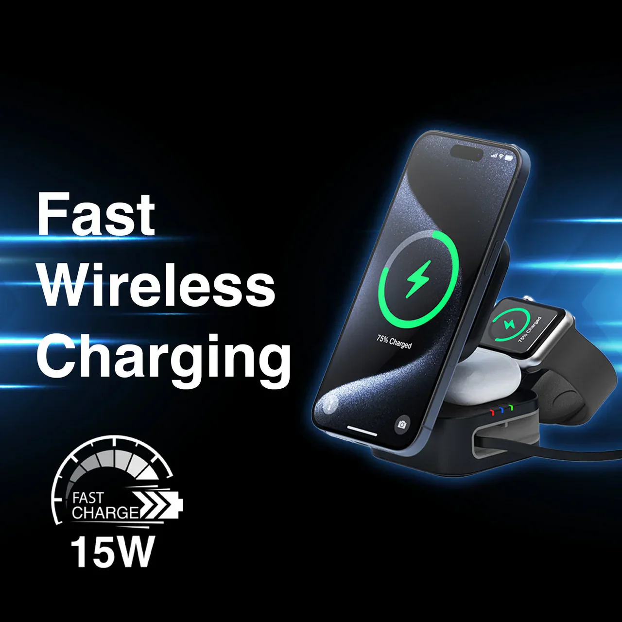 3 in 1 Foldable Wireless Charging Stand Black - Image 4