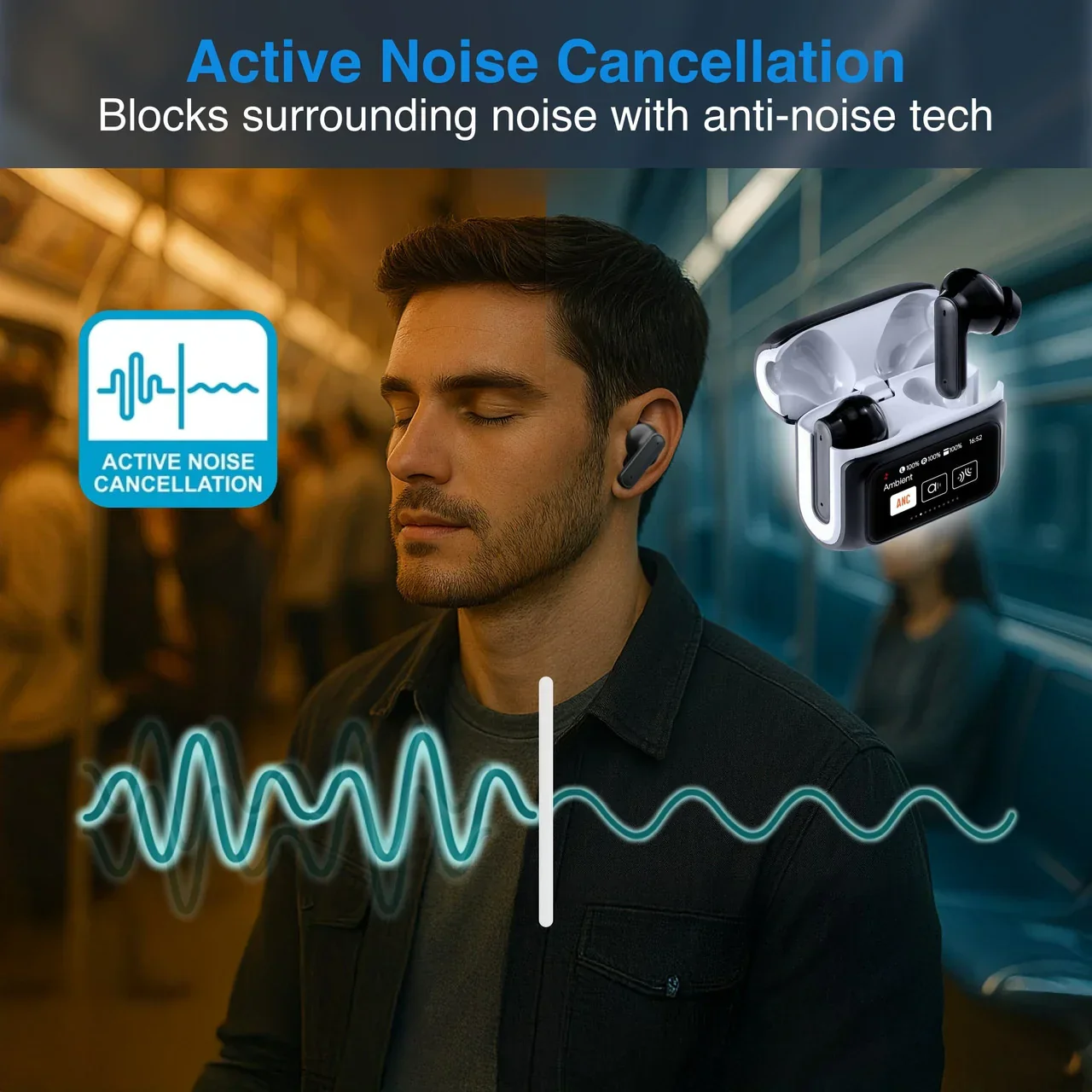 TWS Earbuds ANC with Touch Display Black - Image 5