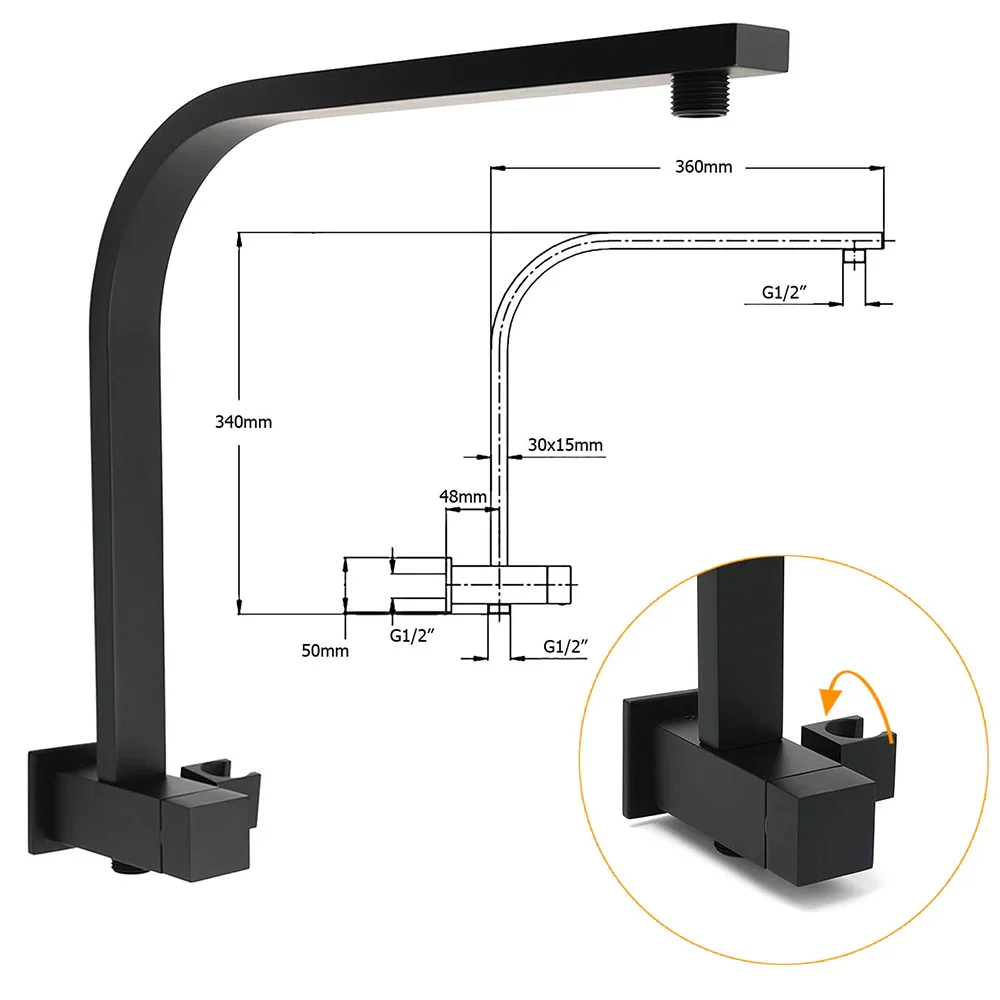 Matt Black 2in1 Set 16" Large Shower Head 3 Modes Handheld Gooseneck Arm Twin Taps Set - Image 3