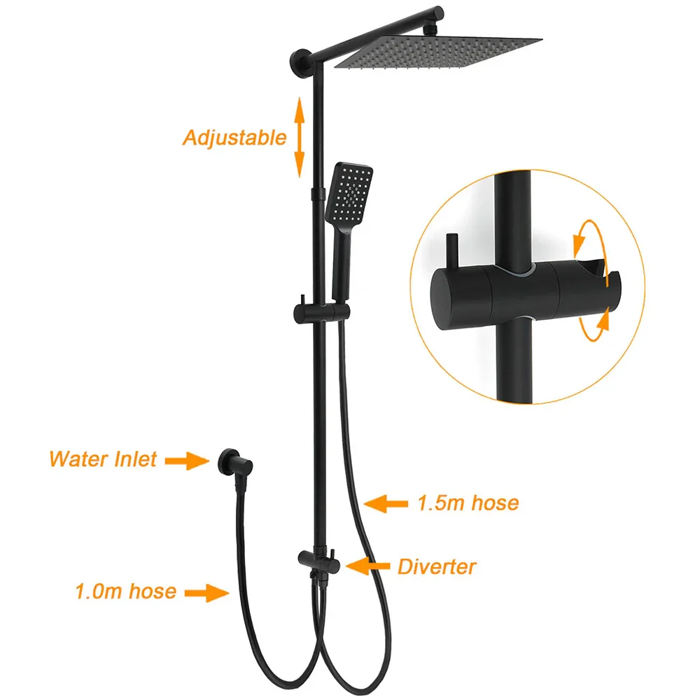 Matt Black 2in1 Set Square 10" Shower Rain Head Handheld Adjustable Silding Rail + Twin Taps - Image 2
