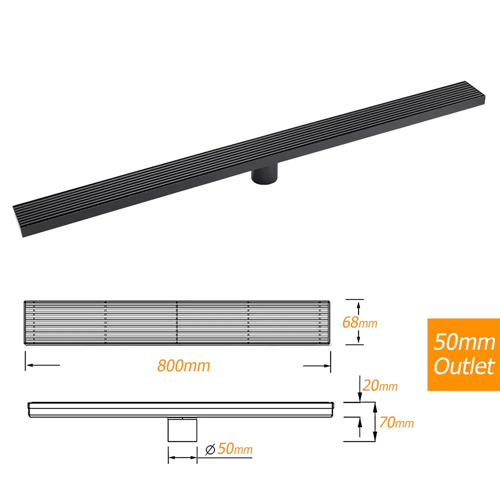 Matt Black 800mm Strip Fence Shower Grate Floor Drain Central 50mm Waste Outlet - Image 3