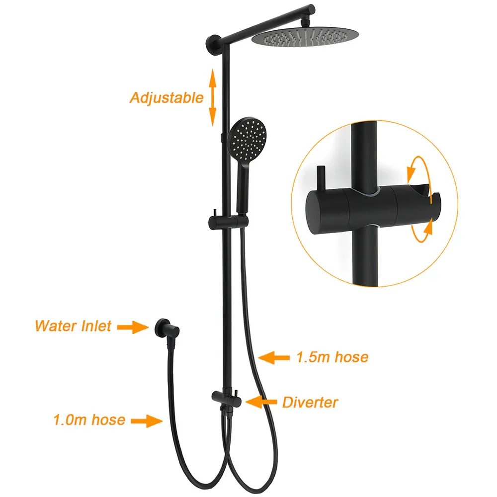 Matt Black Dual Round Shower Set 10" Rain Head 3 Mode Handheld Sliding Rail Arm Diverter - Image 2