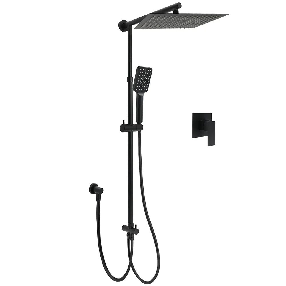Matt Black Dual Shower Large 12" Square Head Handheld Adjustable Silde Rail Set Mixer - Image 10