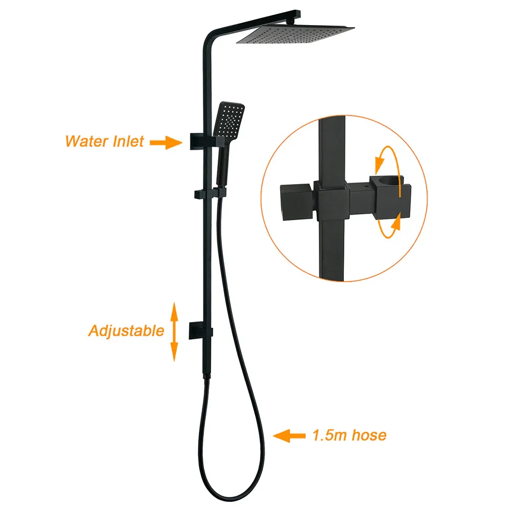 Matt Black Dual Shower Square 10" Rain Head 3 Modes Handheld Brass Silde Rail Twin Taps - Image 2