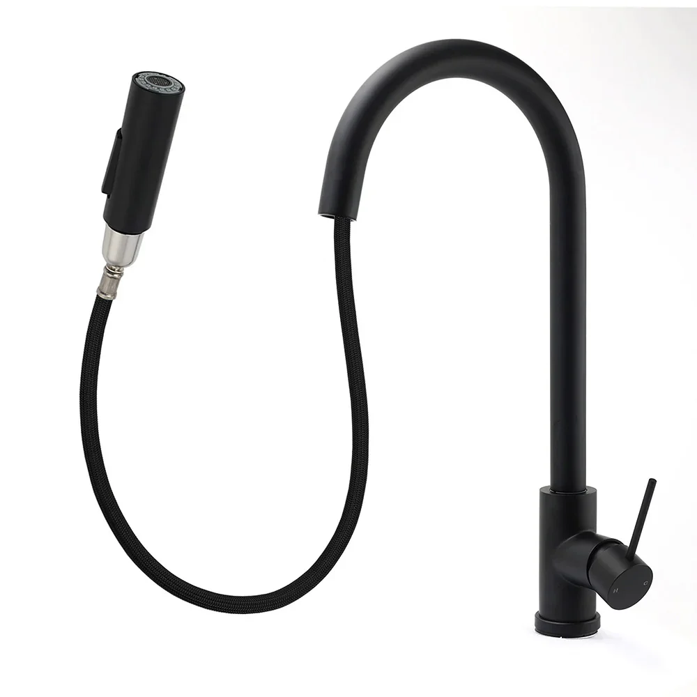 Matt Black Round Pull Out Down Kitchen Sink Tap Laundry Basin Mixer 2 Way Spout - Image 2