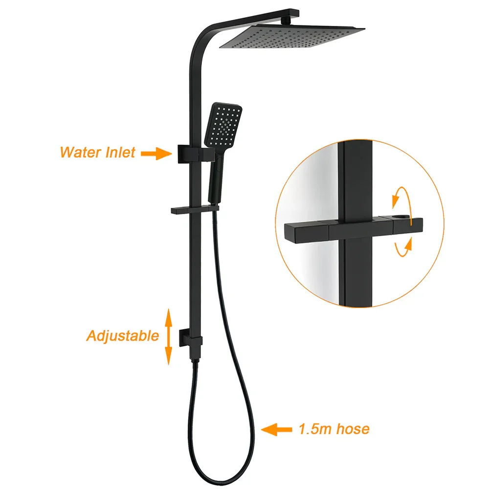 Matt Black Square Twin Shower 10" Rain Head 3 Modes Handheld Silde Rail Arm Taps Set - Image 2