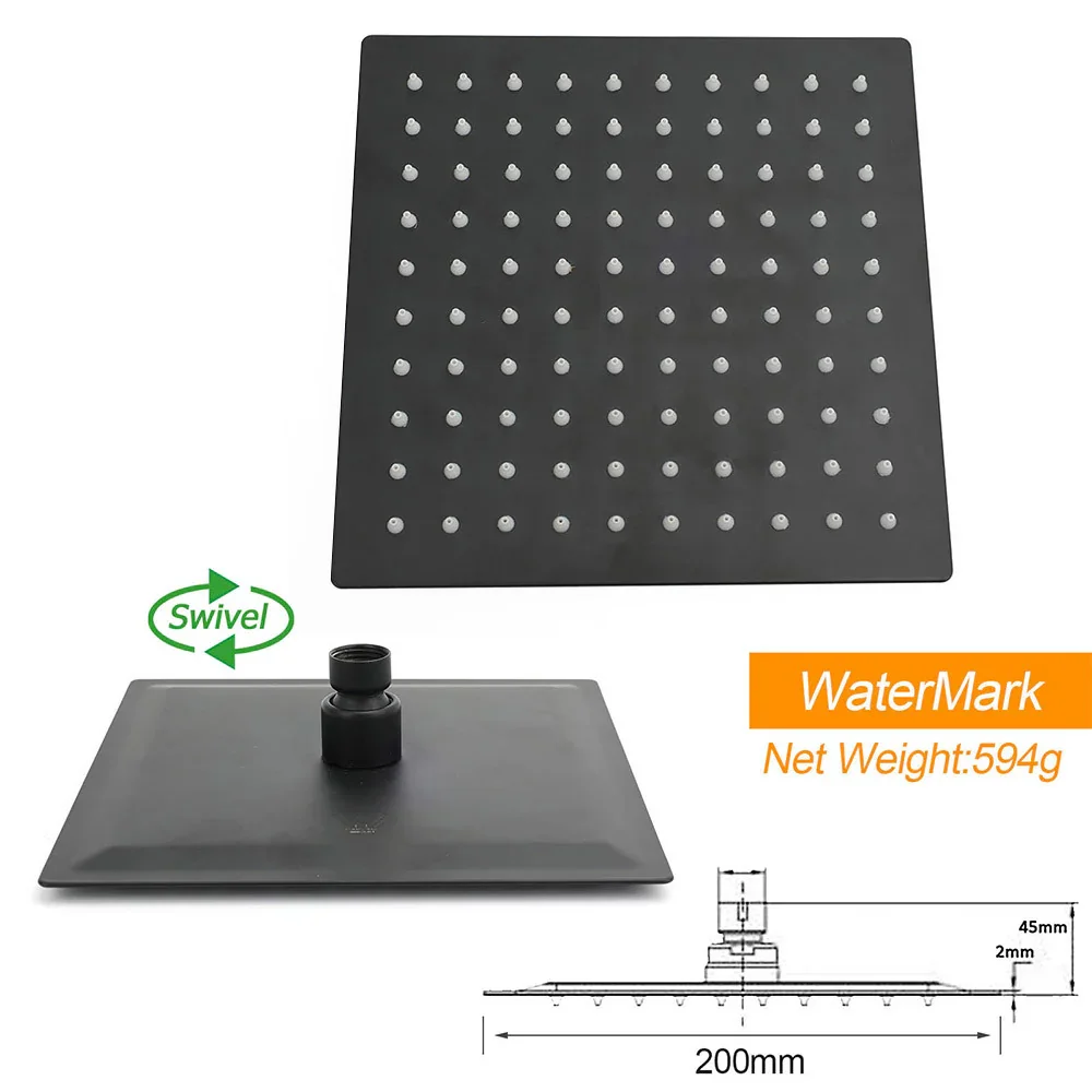 Matt Black Square Twin Shower Set 8" Rain Head 3 Modes Handheld Silde Rail Arm + Taps - Image 6