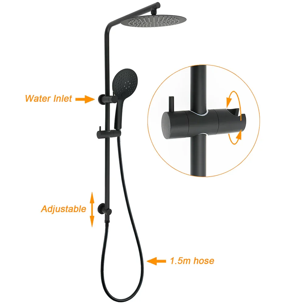 Matt Black Twin 10 Inch Shower Head 3 Modes Handheld 2in1 Wall Rail Arm Round Mixer - Image 2
